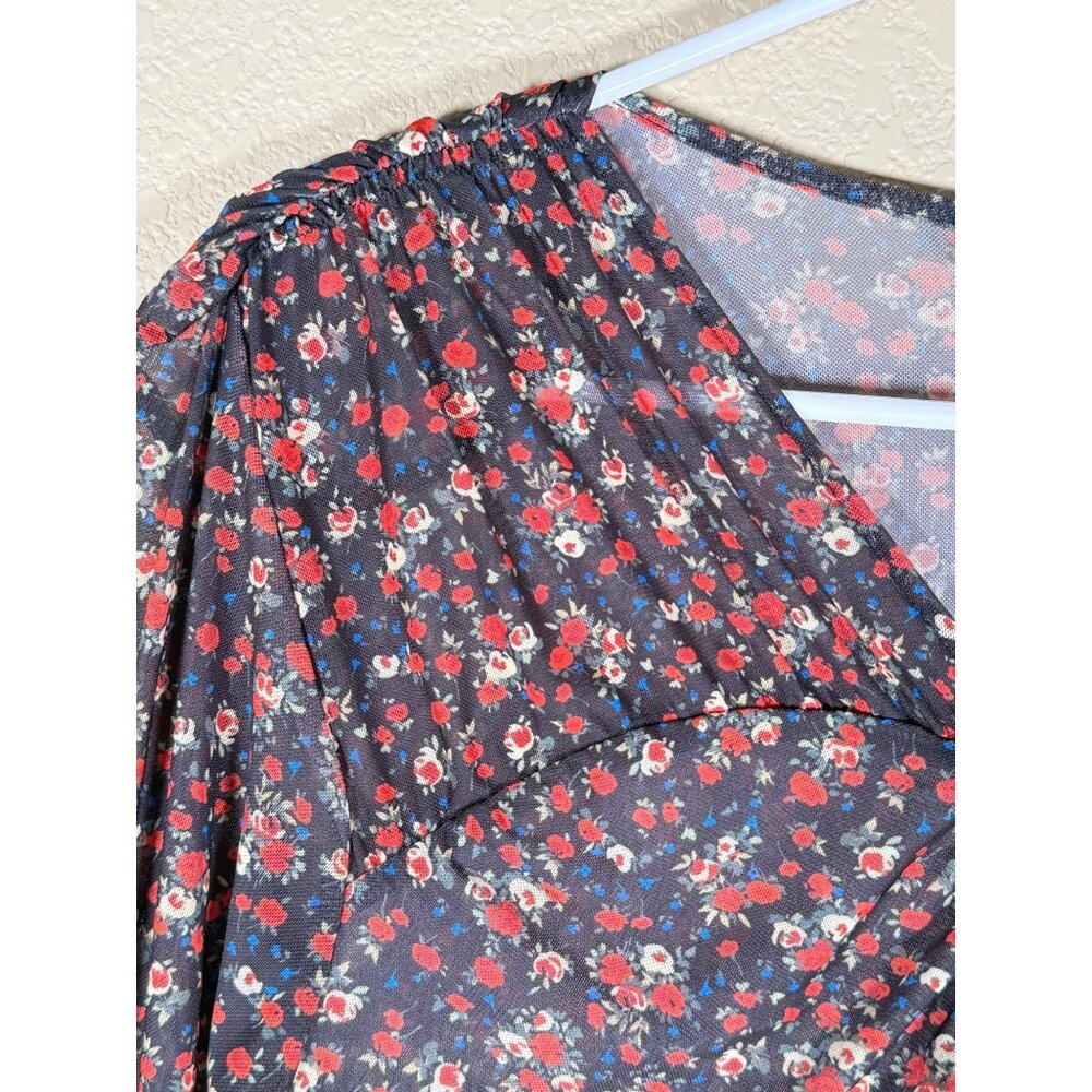 Sandro Bethanie Stretch Ruched Floral Sheer Long Sleeve Top View 6